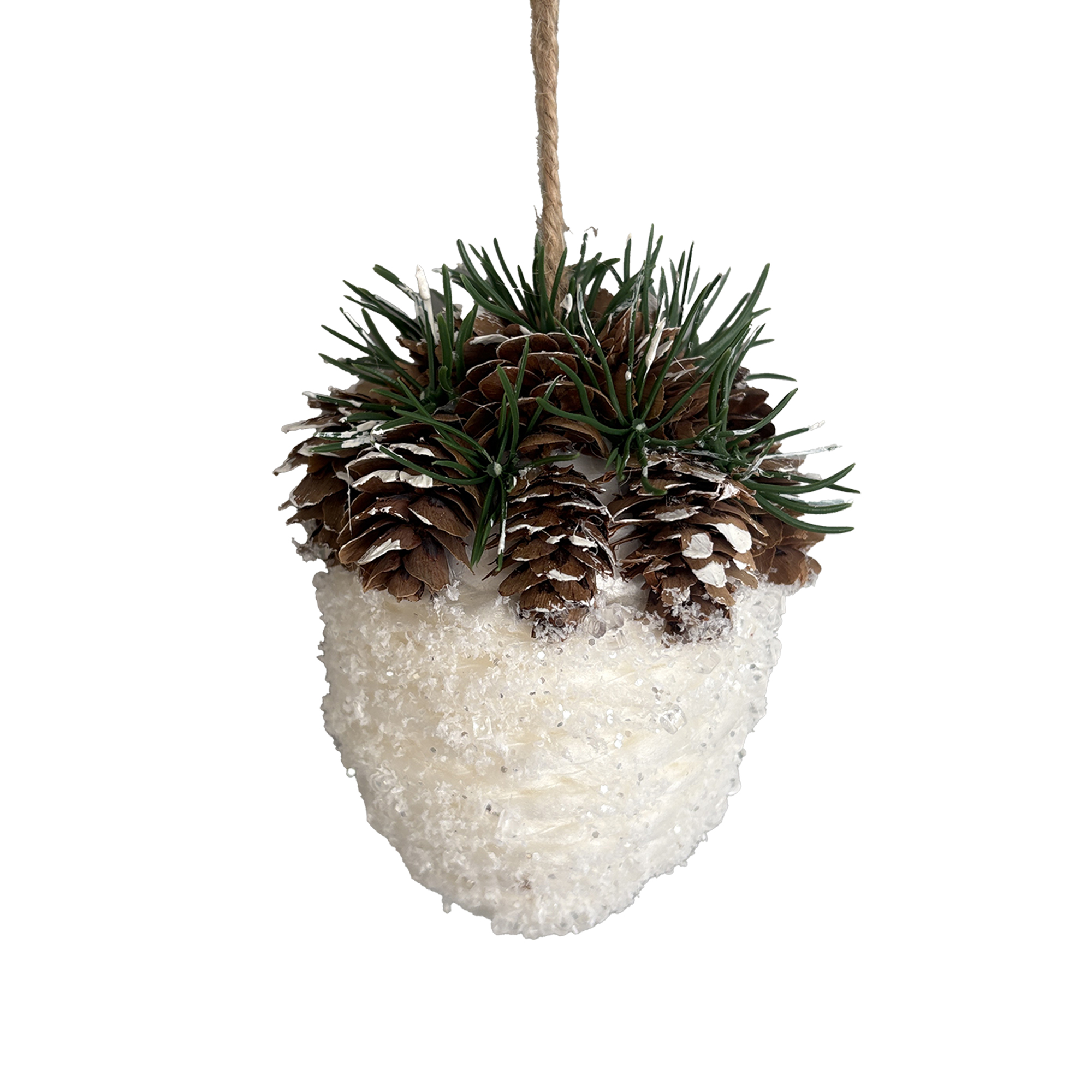 ORN ACORN WHITE/GREEN 5" ICED BEAD W/ PINE & PINE CONE CAP