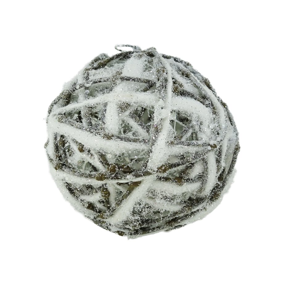 BALL NATURAL VINE/ COTTON ROPE 5" INTERLACED FROSTED W/ SILVER GLITTER