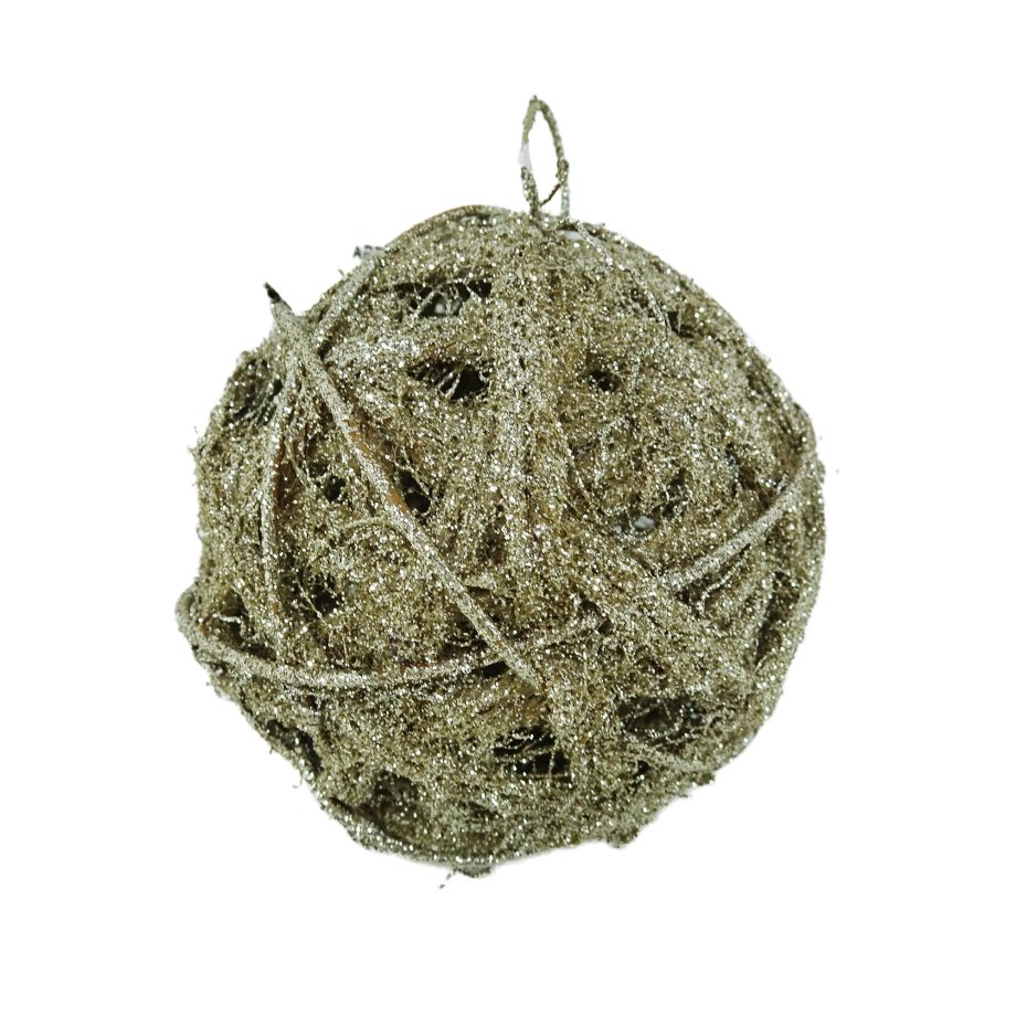 BALL RATTAN/ HEMP ROPE 4" INTERLACED GOLD W/ FROSTED GLITTER