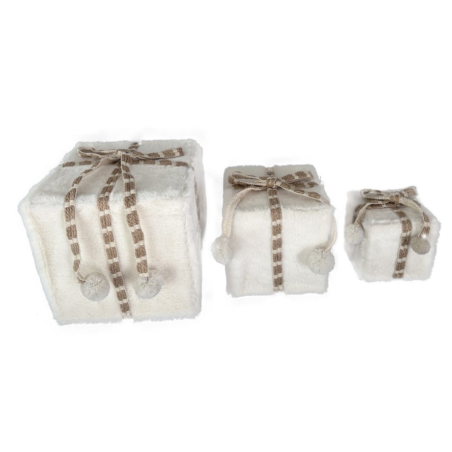 GIFT BOX FAUX FUR IVORY/LT. BROWN W/ YARN BOW 4"|6"|8" 3PC SET