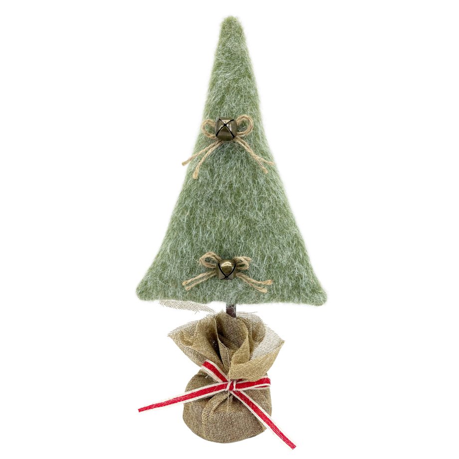 TREE PLUSH 15" GREEN/NATURAL W/ BELLS JUTE BOWS & BURLAP BASE