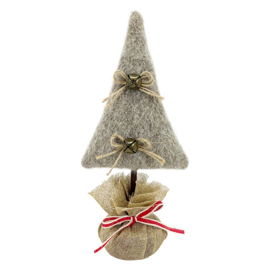 TREE PLUSH 12" DARK BROWN/NATURAL W/ BELLS JUTE BOWS & BURLAP BASE