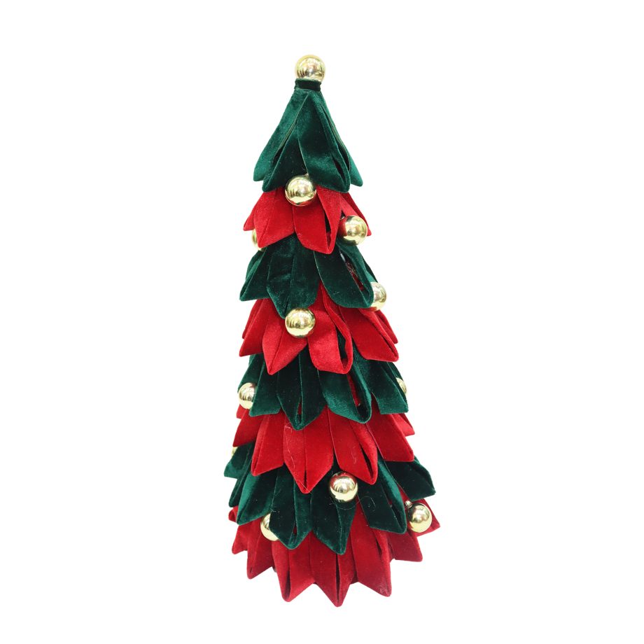 CONE TREE VELVET DEEP RED/EMERALD 21" PETAL-LIKE FOLD W/ BELLS