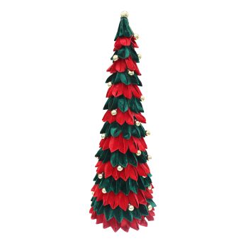 CONE TREE VELVET DEEP RED/EMERALD 39" PETAL-LIKE FOLDS W/ BELLS