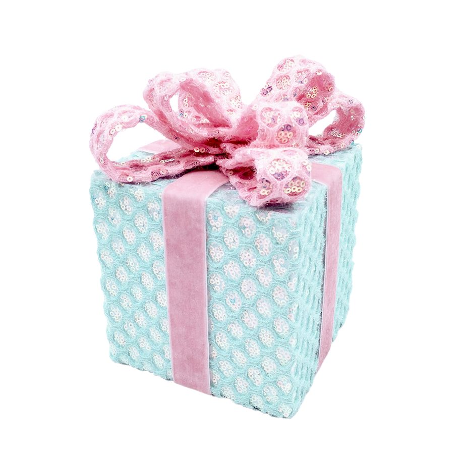 GIFT BOX MESH 4.5" X6.5" MINT/PINK W/ SEQUINS & VELVET RIBBON WRAPPED