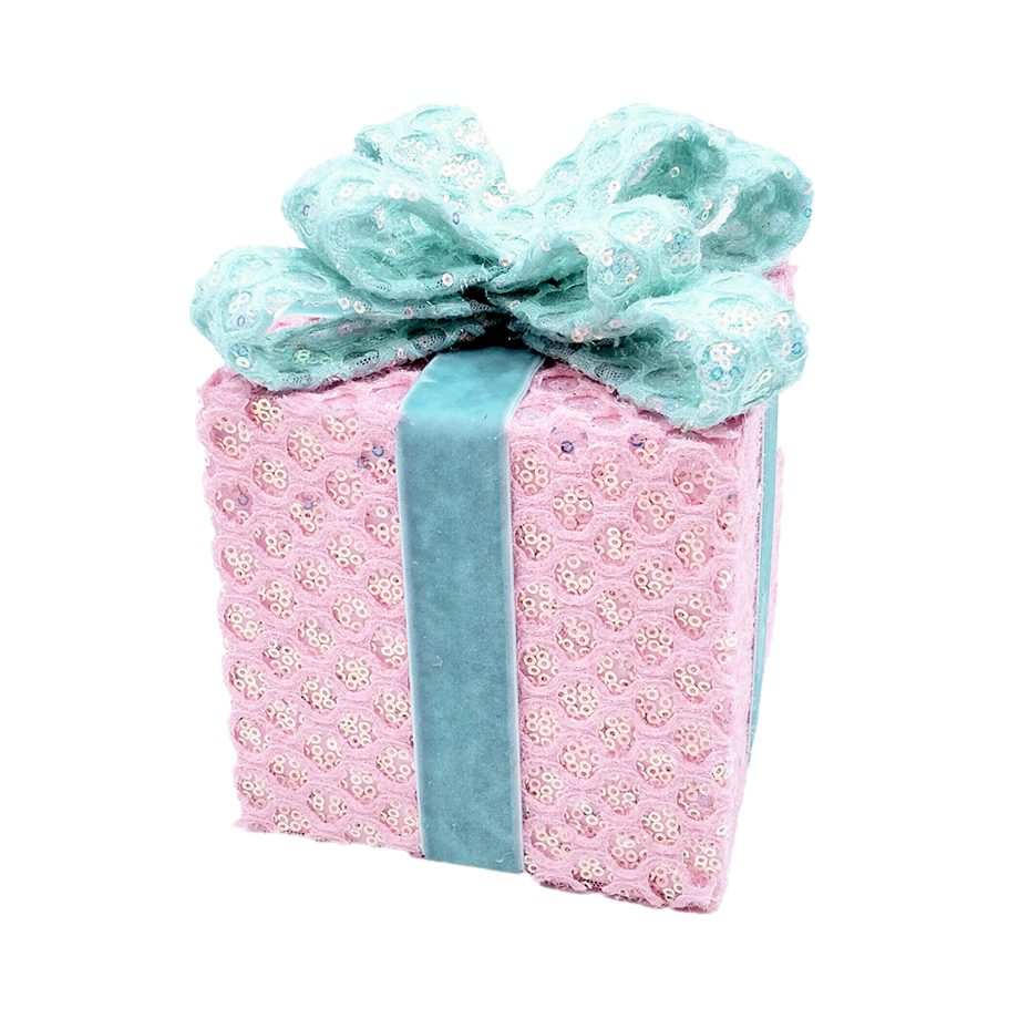 GIFT BOX MESH 4.5" X6.6" PINK/MINT W/ SEQUINS & VELVET RIBBON WRAPPED