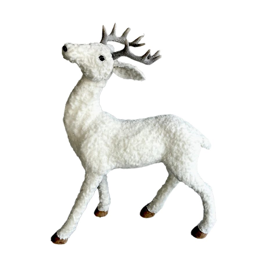 REINDEER STANDING 26" WHITE FAUX-FUR GLITTER & GRAY ANTLERS