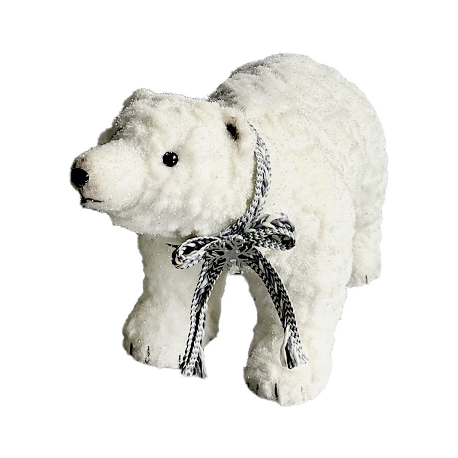 BEAR STANDING 9" WHITE FAUX FUR GLITTER W/ GRAY BOW