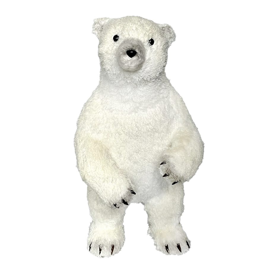 BEAR STANDING 20.5" WHITE FAUX FUR GLITTER