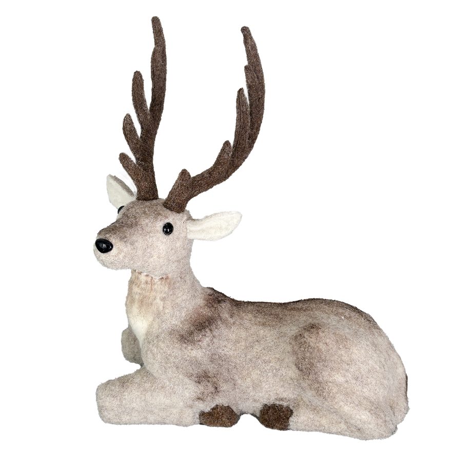 DEER SITTING WOOL FABRIC BEIGE 14"X9"X16" W/ BROWN ANTLERS