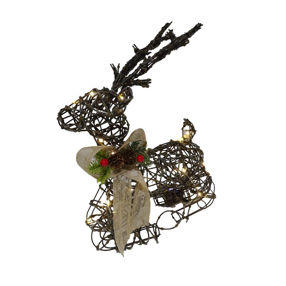 REINDEER SITTING WOVEN VINE NATURAL 15" W/BURLAP BOW, 25-LED LIGHT B/O