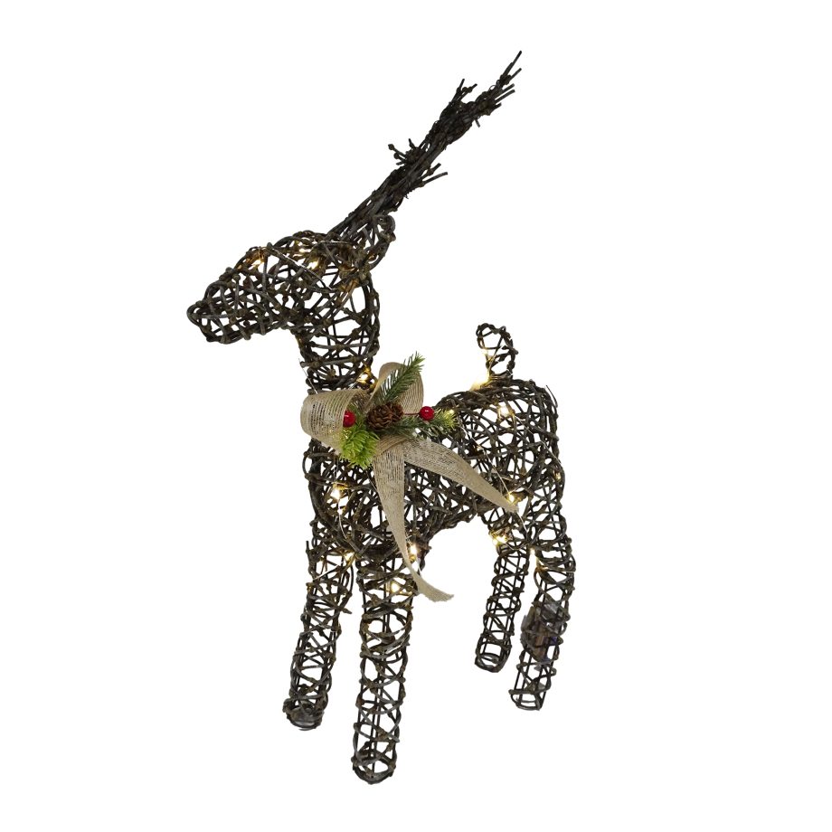 REINDEER STANDING WOVEN VINE NATURAL 17.5" W/BURLAP BOW, 30-LED LIGHT B/O