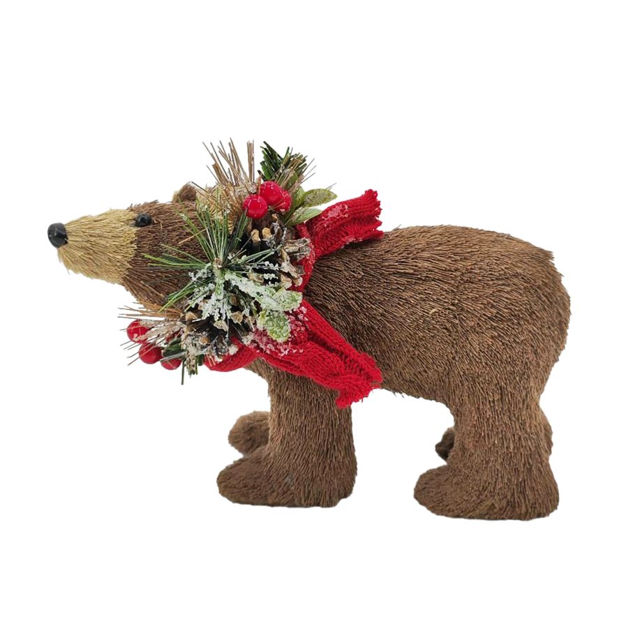 BEAR FAUX GRASS STANDING BROWN/NATURAL 6" W/ KNITTED SCARF W/ FROSTED PINE CONE & BERRIES