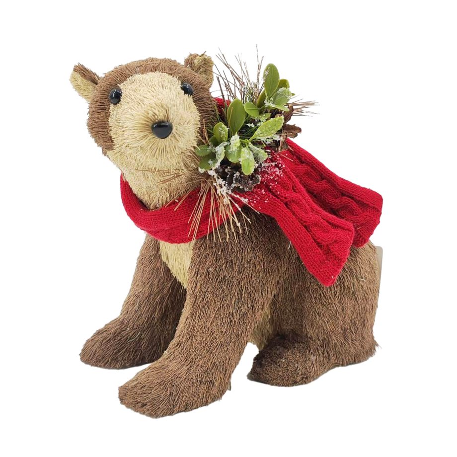 BEAR FAUX GRASS SITTING BROWN/NATURAL 9" W/ KNITTED SCARF W/ FROSTED PINE CONE & BERRIES