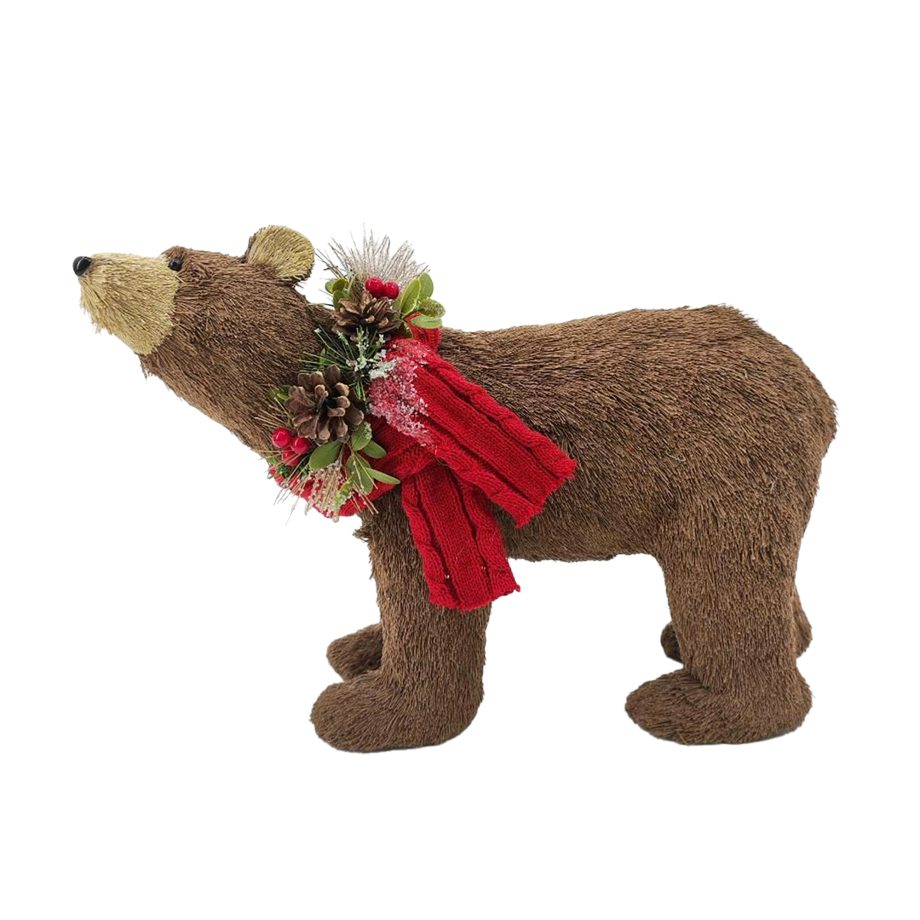 BEAR FAUX GRASS STANDING BROWN/NATURAL 11.5" W/ KNITTED SCARF W/ FROSTED PINE CONE & BERRIES