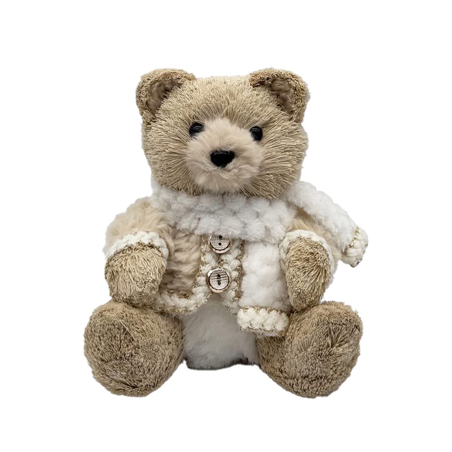 BEAR SITTING FAUX GRASS 7.5" BEIGE W/ FUR CLOTHES & SCARF