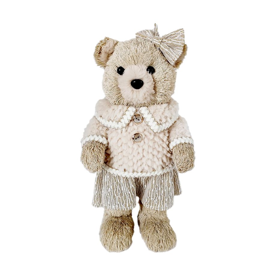 BEAR STANDING FAUX GRASS 13.5" BEIGE W/ FUR CLOTHES & BOW