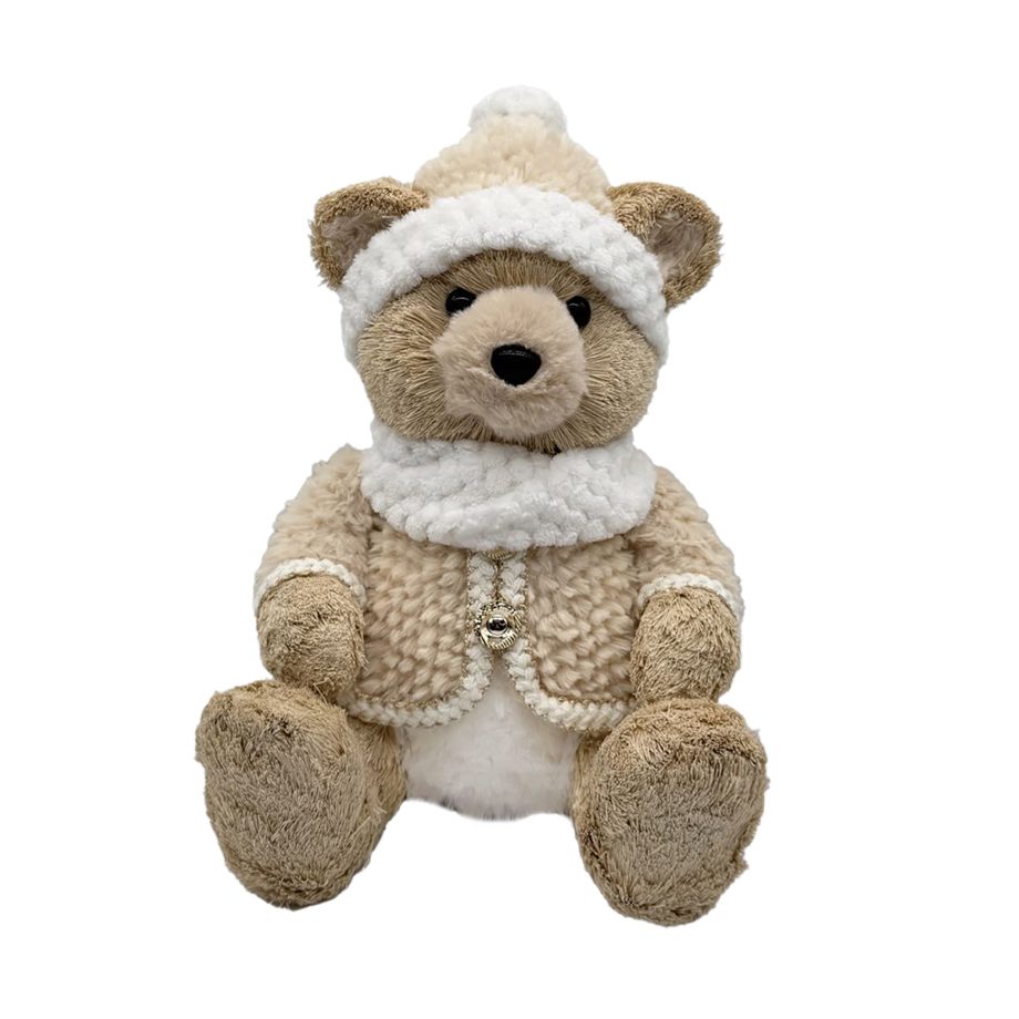 BEAR SITTING FAUX GRASS 12.5" BEIGE W/ FUR CLOTHES & HAT