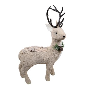 REINDEER STANDING FAUX GRASS 20" NATURAL W/ GLTR BOW, CORN HUSK & ANTLERS