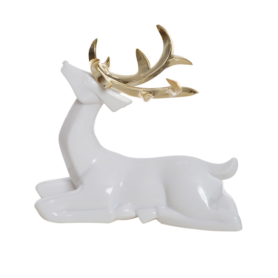 REINDEER ACRYLIC SCULPTURE WHITE/GOLD 8'' SITTING