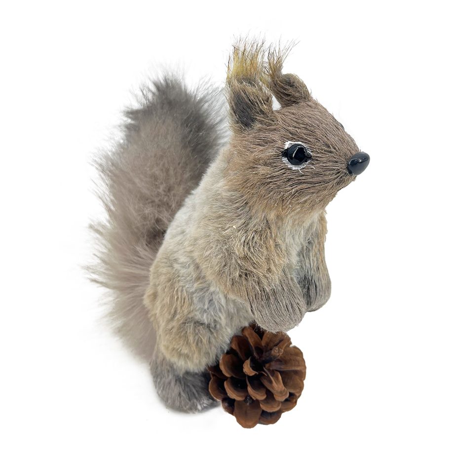 SQUIRREL STANDING FAUX FUR 7" GRAY W/ PINE CONE