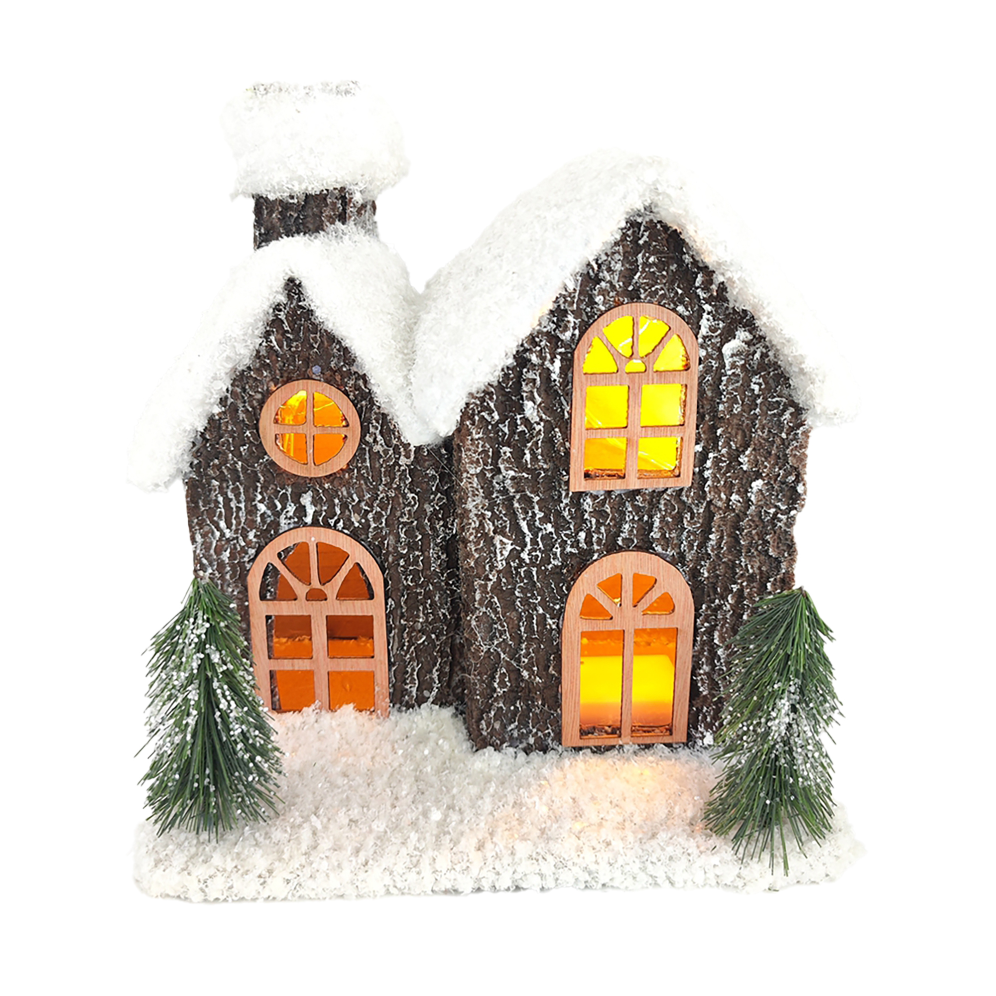 HOUSE WOODEN-LOOK 9" SNOWY ROOF W/ LED, CHIMNEY & PINE TREES B/O 3XAA