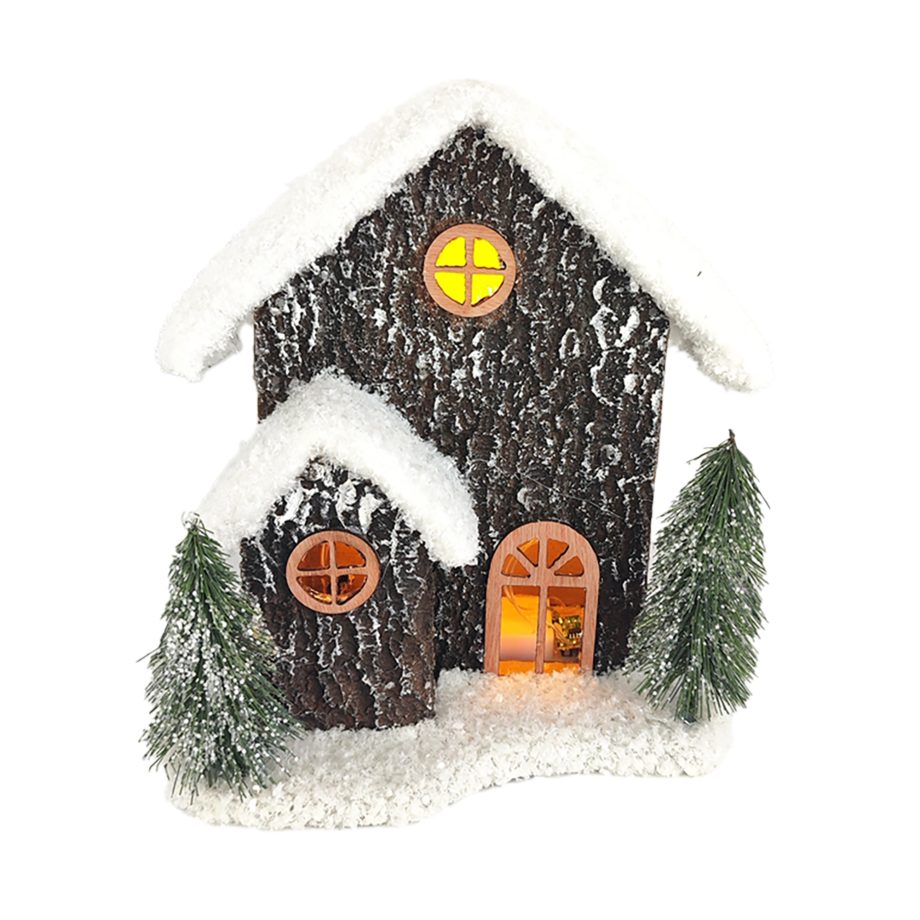 HOUSE WOODEN-LOOK 8" SNOWY ROOF W/ LED, ROUND WINDOWS & PINE TREES B/O 3XAA