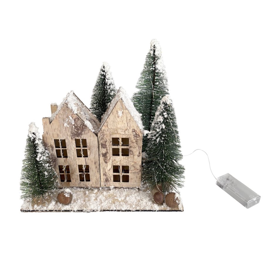 HOUSES WOODEN BIRCH-LOOK NATURAL 12"X8"X10" SNOWED W/ TREES & LED LIGHTS