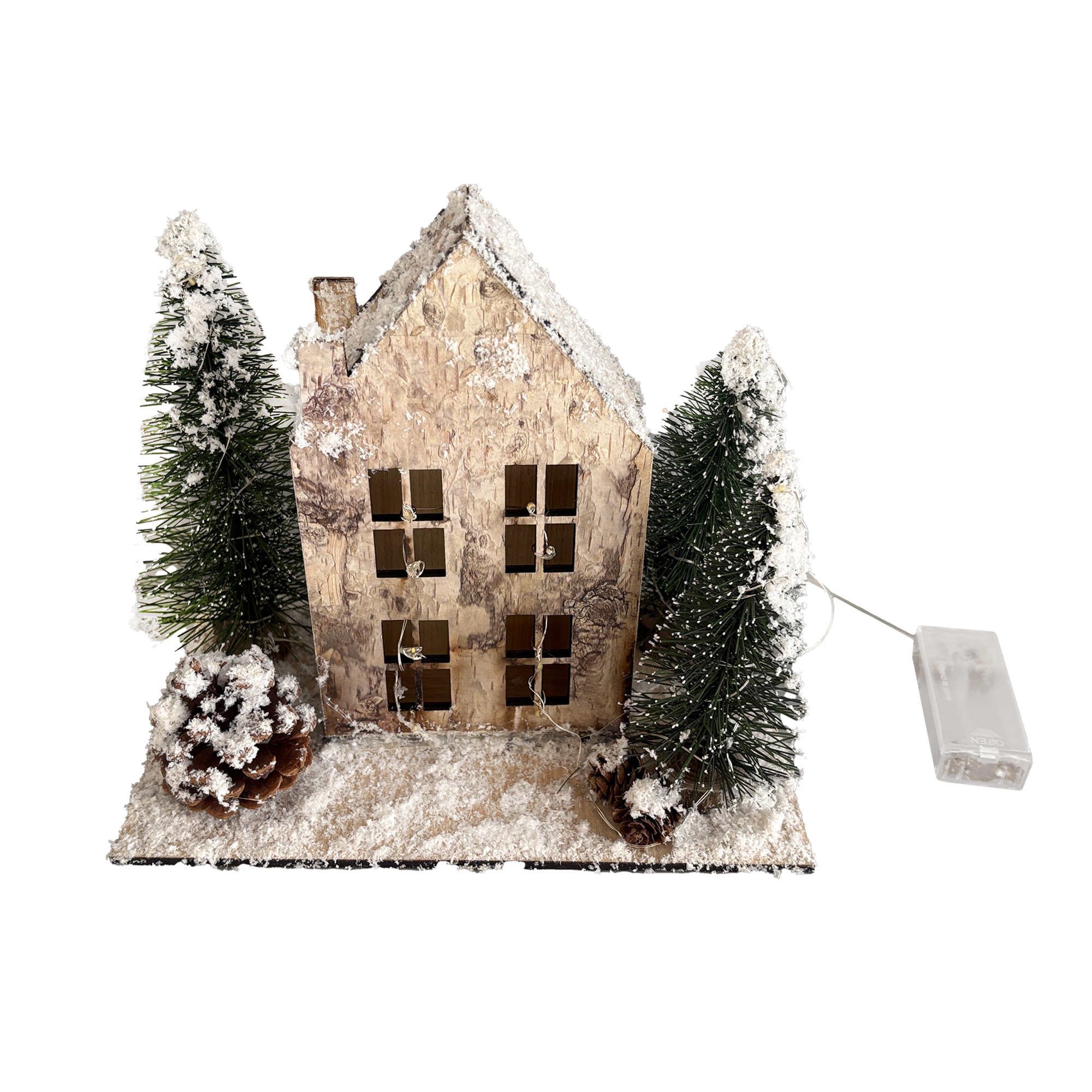 HOUSE WOODEN BIRCH-LOOK NATURAL 10"X6"X8" SNOWED W/ TREES & LED LIGHTS