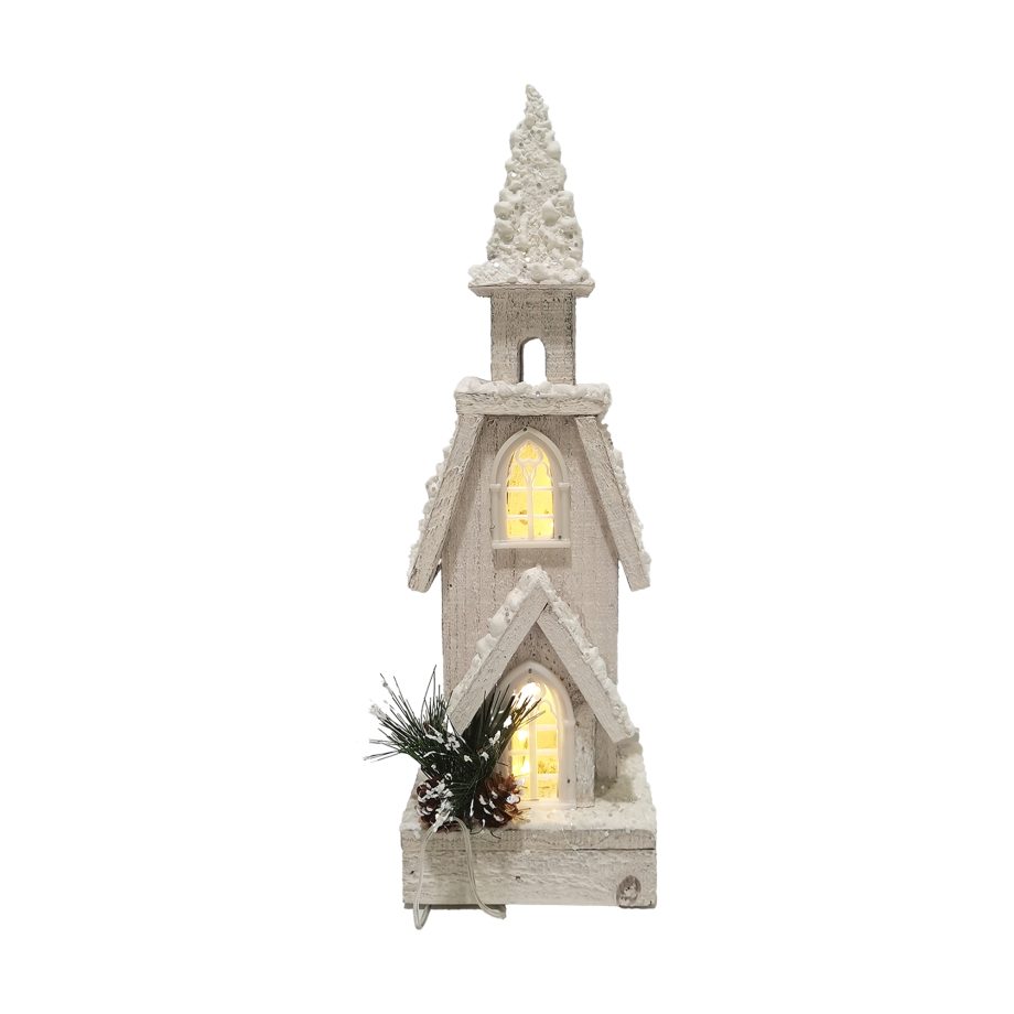 CHURCH WOODEN SNOW-COVERED 16" W/ PINE, PINE CONE & GLITTER, 10-LED LIGHT B/O