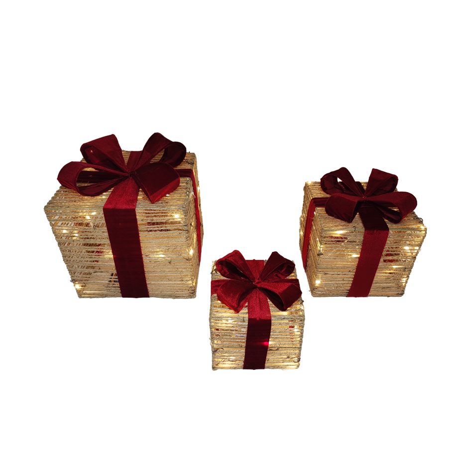 GIFT BOXES HEMP ROPE NATURAL 7"|9"|11" W/RIBBON, 3PC SET 60-LED LIGHT B/O