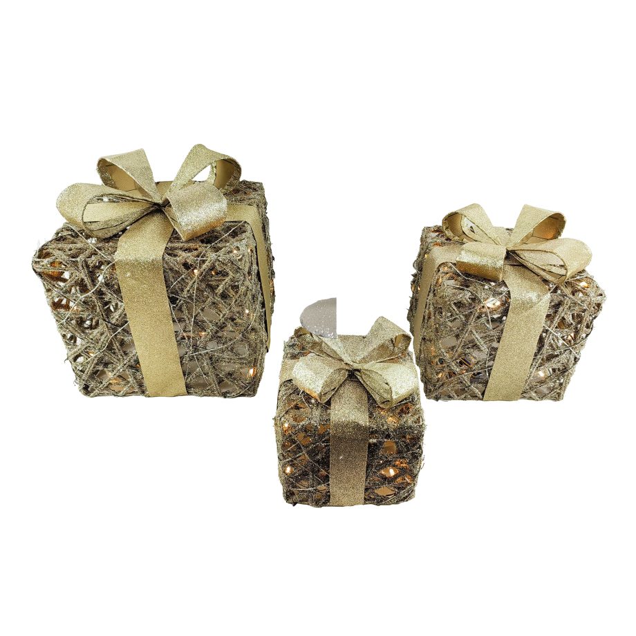 GIFT BOX HEMP/RATTAN ROPE FROSTED 7"|9"|11" W/GOLD GLITTER, 3PC SET 60-LED LIGHT B/O