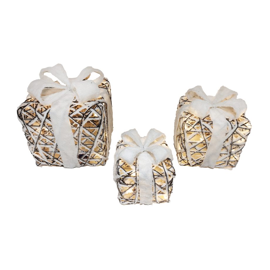 GIFT BOX VINE/COTTON ROPE FROSTED 7"|9"|11" GLITTER W/RIBBON 3PC SET 60-LED LIGHT B/O