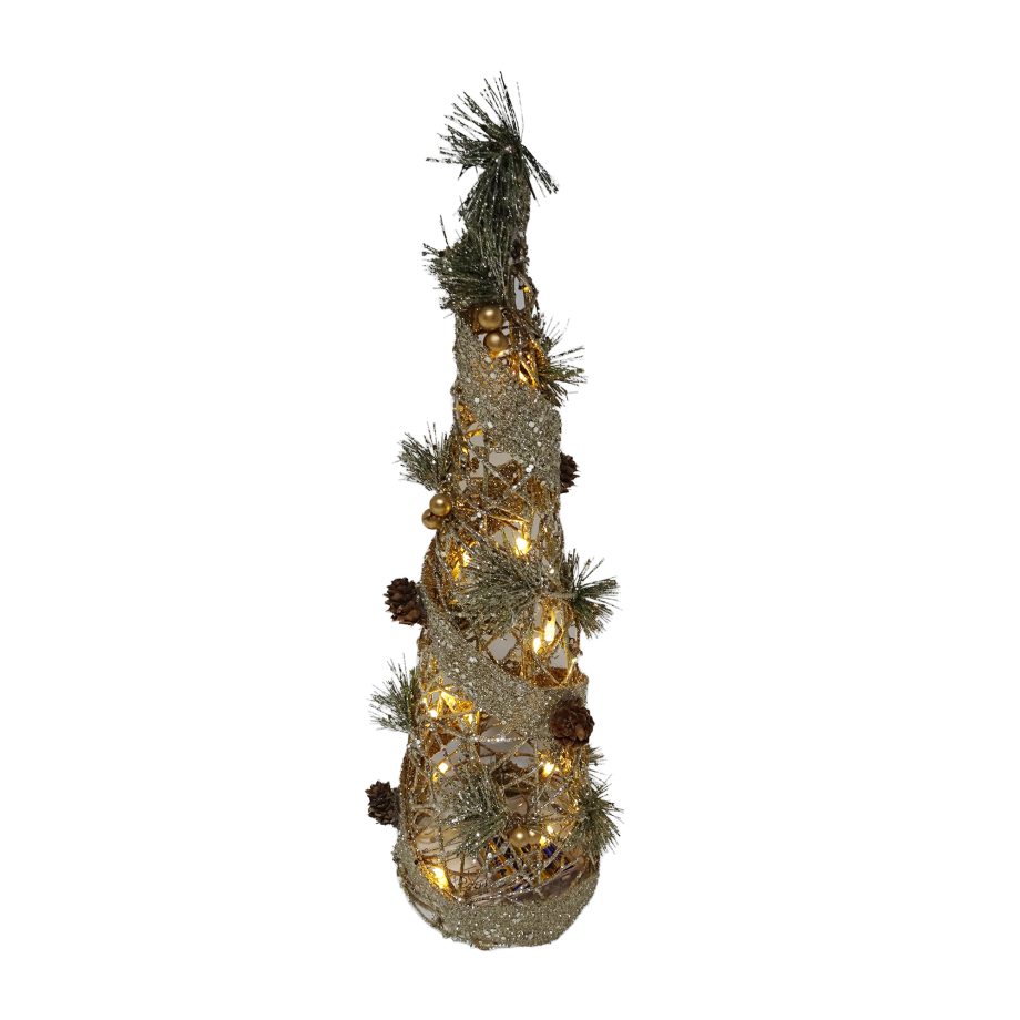 CONE TREE RATTAN NATURAL 16" GOLD GLITTER W/ BURLAP, PINE & PINE CONE, 15-LED LIGHT B/O