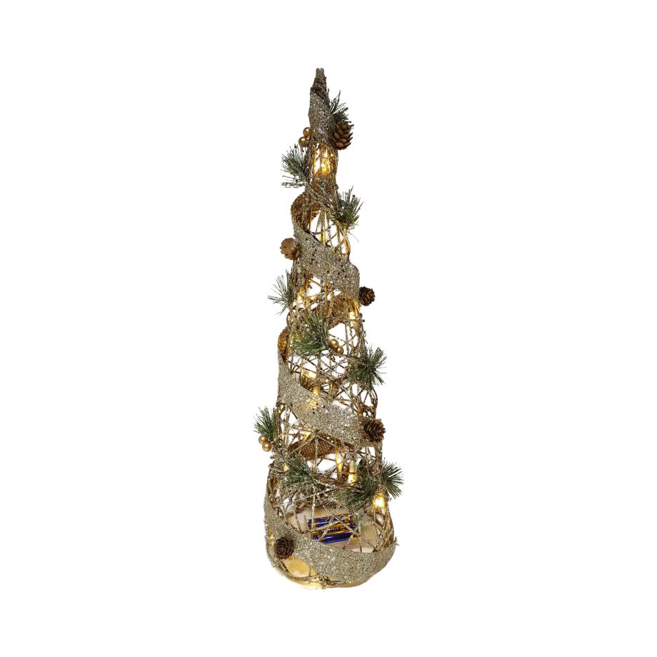 CONE TREE RATTAN NATURAL 20" GOLD GLITTER W/ BURLAP & PINE CONE 20-LED LIGHT B/O