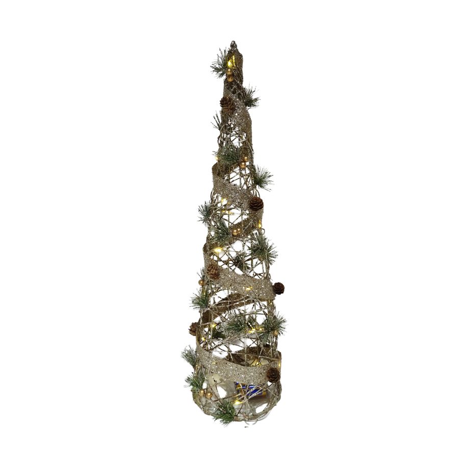 CONE TREE RATTAN NATURAL 24" GOLD GLITTER W/ BURLAP & PINE CONE, 25-LED LIGHT B/O