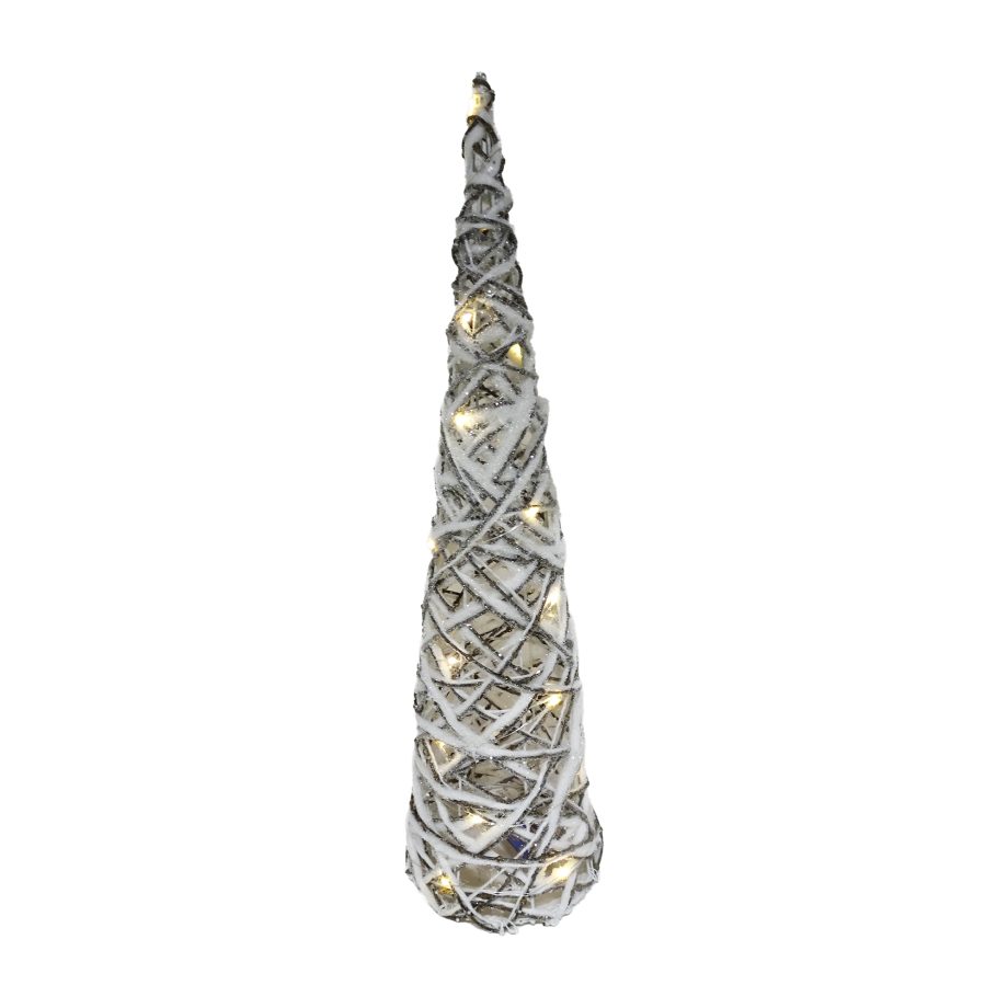 CONE TREE RATTAN/COTTON ROPE FROSTED 24" W/ SILVER GLITTER, 15-LED LIGHT B/O