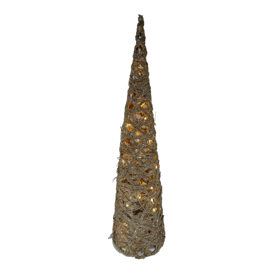 CONE TREE RATTAN/HEMP ROPE FROSTED 24" W/ GOLD GLITTER, 25-LED LIGHT B/O