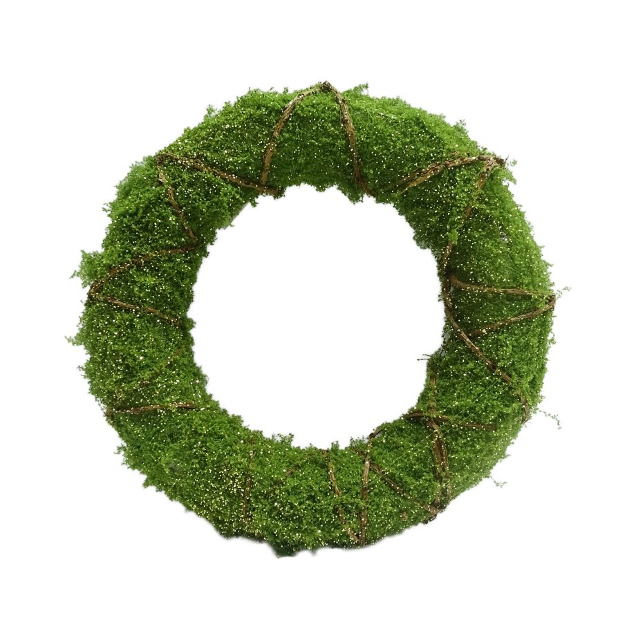 WREATH MOSS GREEN 16" GLITTER W/ RATTAN VINES