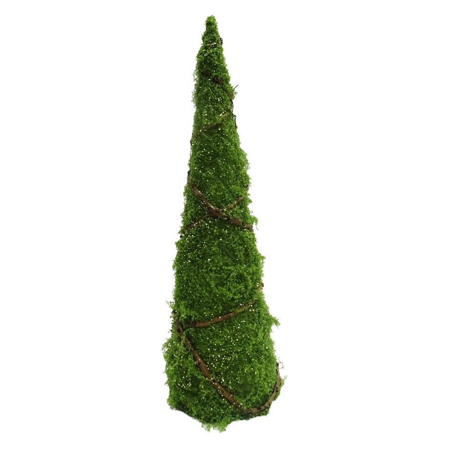 CONE TREE MOSS GREEN 16" GLITTER W/ RATTAN VINES