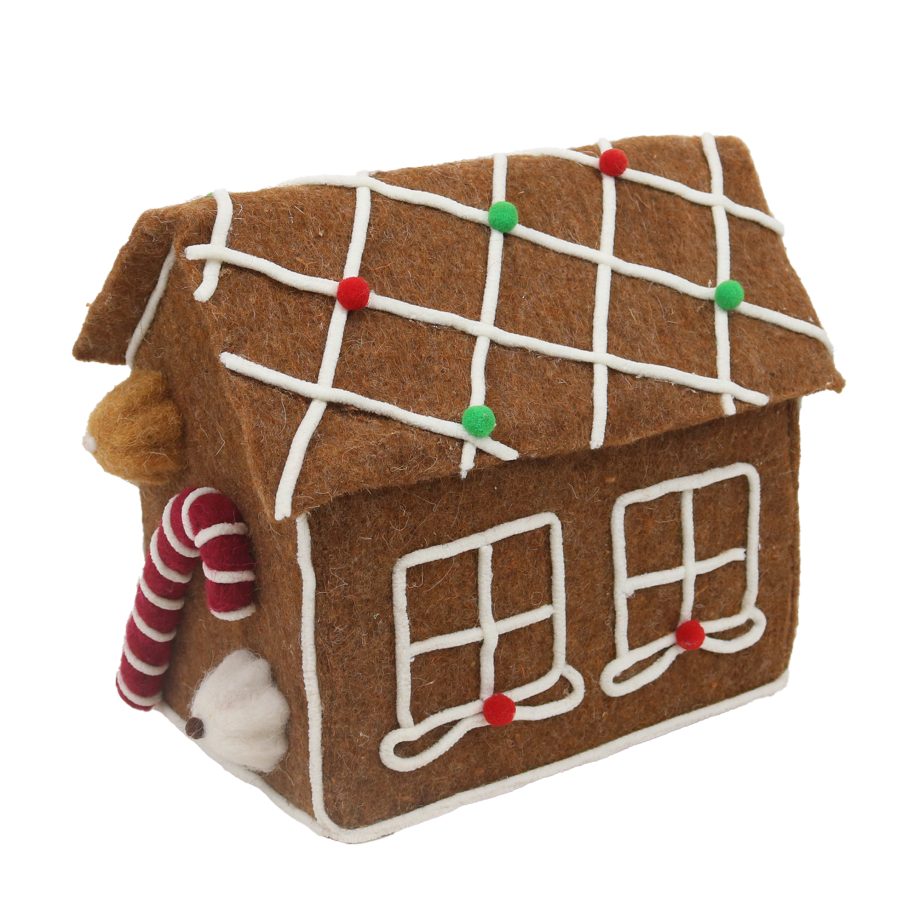 GINGERBREAD HOUSE 8" BROWN/WHITE FELT W/GRID-LIKE ROOFTOP TABLE DECOR