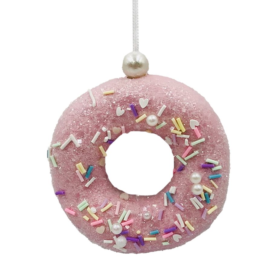 ORN CANDY DOUGHNUT 4" PINK W/ RAINBOW SPRINKLES & GLITTER
