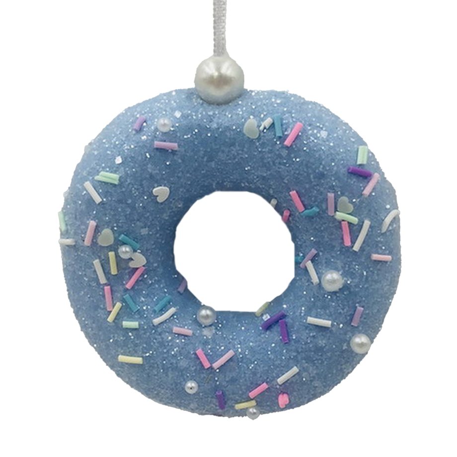 ORN CANDY DOUGHNUT 4" BLUE W/ RAINBOW SPRINKLES & GLITTER