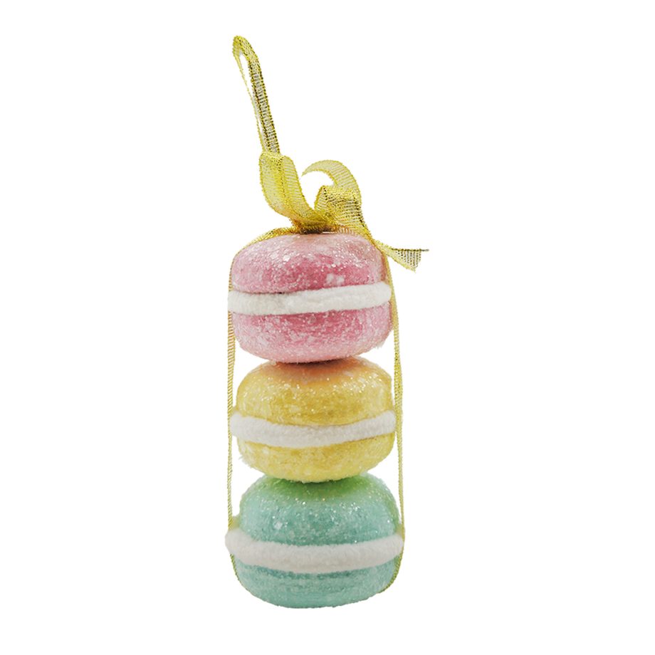 ORN CANDY MACAROON X 3 4" PINK/YELLOW/BLUE W/ GLITTER