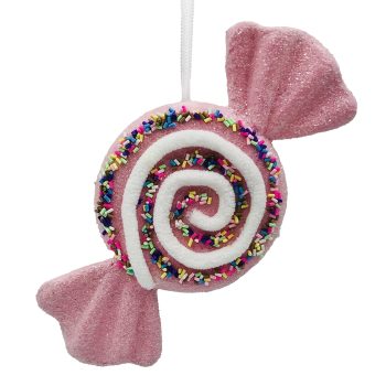 ORN CANDY SWIRL FLAT 7.5" PINK W/ RAINBOW SPRINKLES & GLITTER
