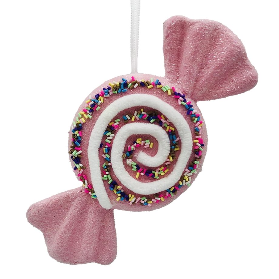 ORN CANDY SWIRL FLAT 7.5" PINK W/ RAINBOW SPRINKLES & GLITTER
