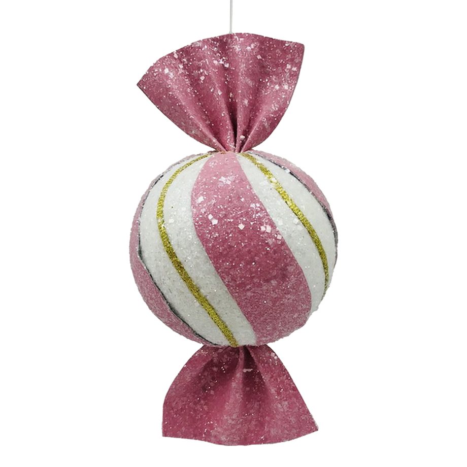 ORN CANDY ROUND 8" PINK W/ SWIRL WRAPPED & GLITTER