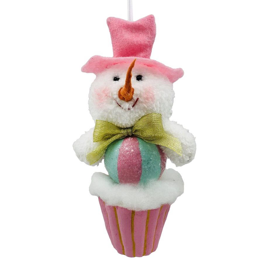CANDY CUPCAKE SNOWMAN 11" PINK/MULTI W/ TOP HAT & GLITTER