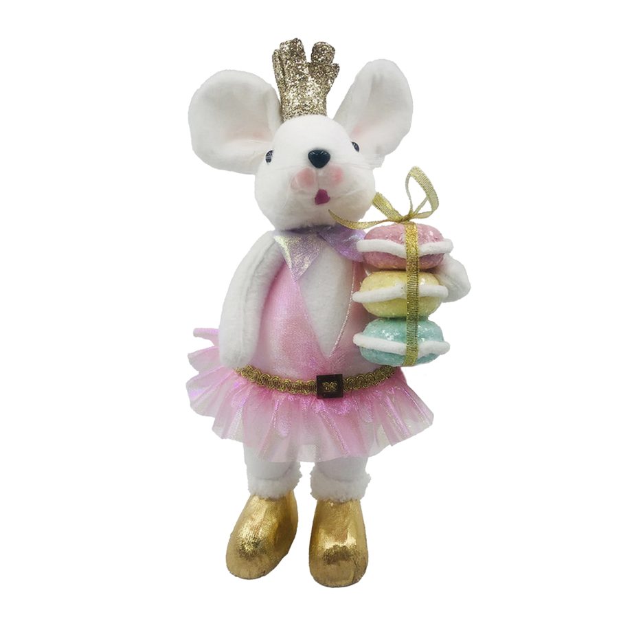 CANDY MOUSE PRINCESS 14" WHITE/MULTI STANDING HOLDING A MACAROON GLITTER