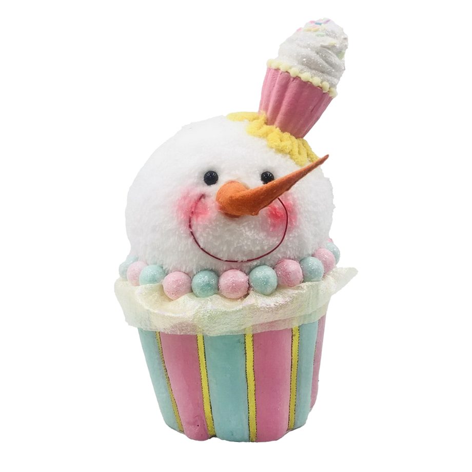 CANDY CUPCAKE SNOWMAN HEAD 12" WHITE/MULTI W/ RUFFLES GLITTER